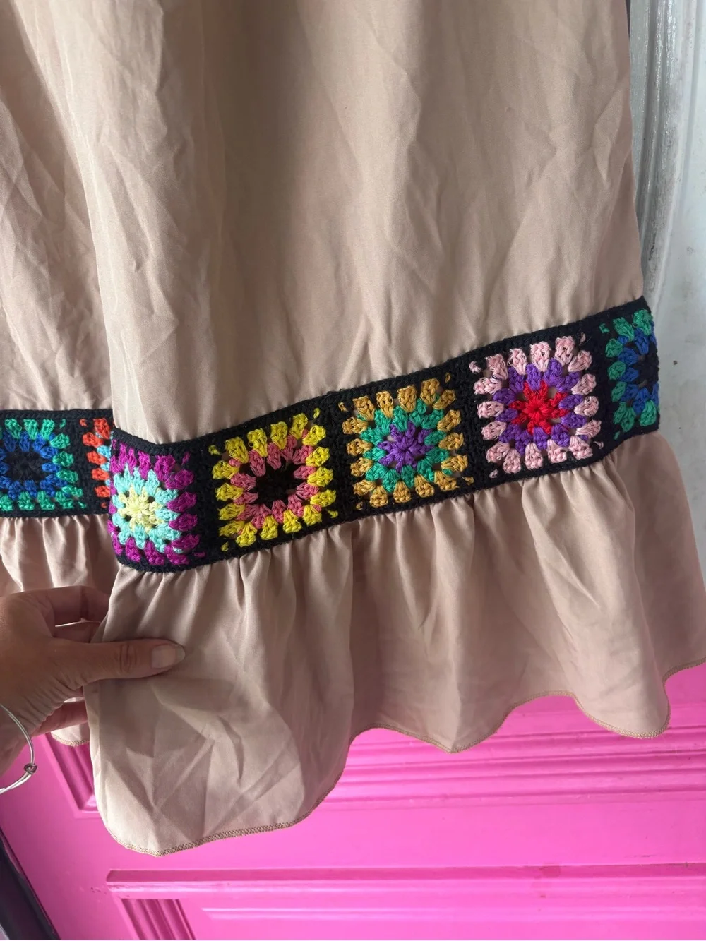 Taupe Cropped Pants with Black Multicolor Crochet Trim - Picture 4 of 7